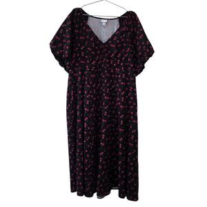 Ava & Viv Black Cherry Print Puff Sleeve Dress Womens Plus Size 1X